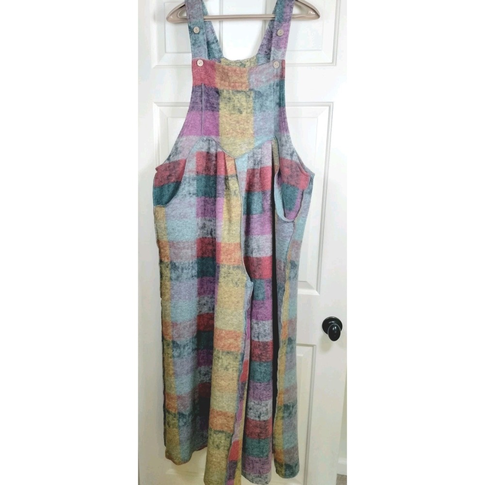 Women Multi Color Plaid Checkered Knit Overalls Wide Leg Size XL - Picture 2 of 16